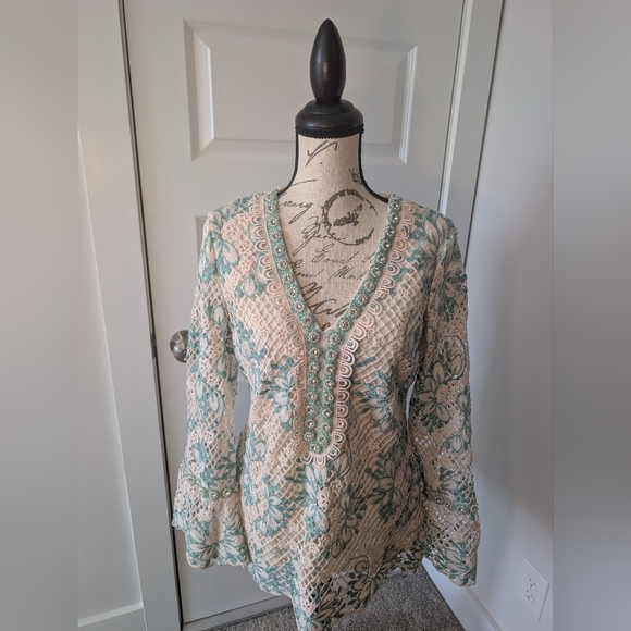 Boston Proper Green and Cream Floral Blouse Size S - Picture 8 of 8
